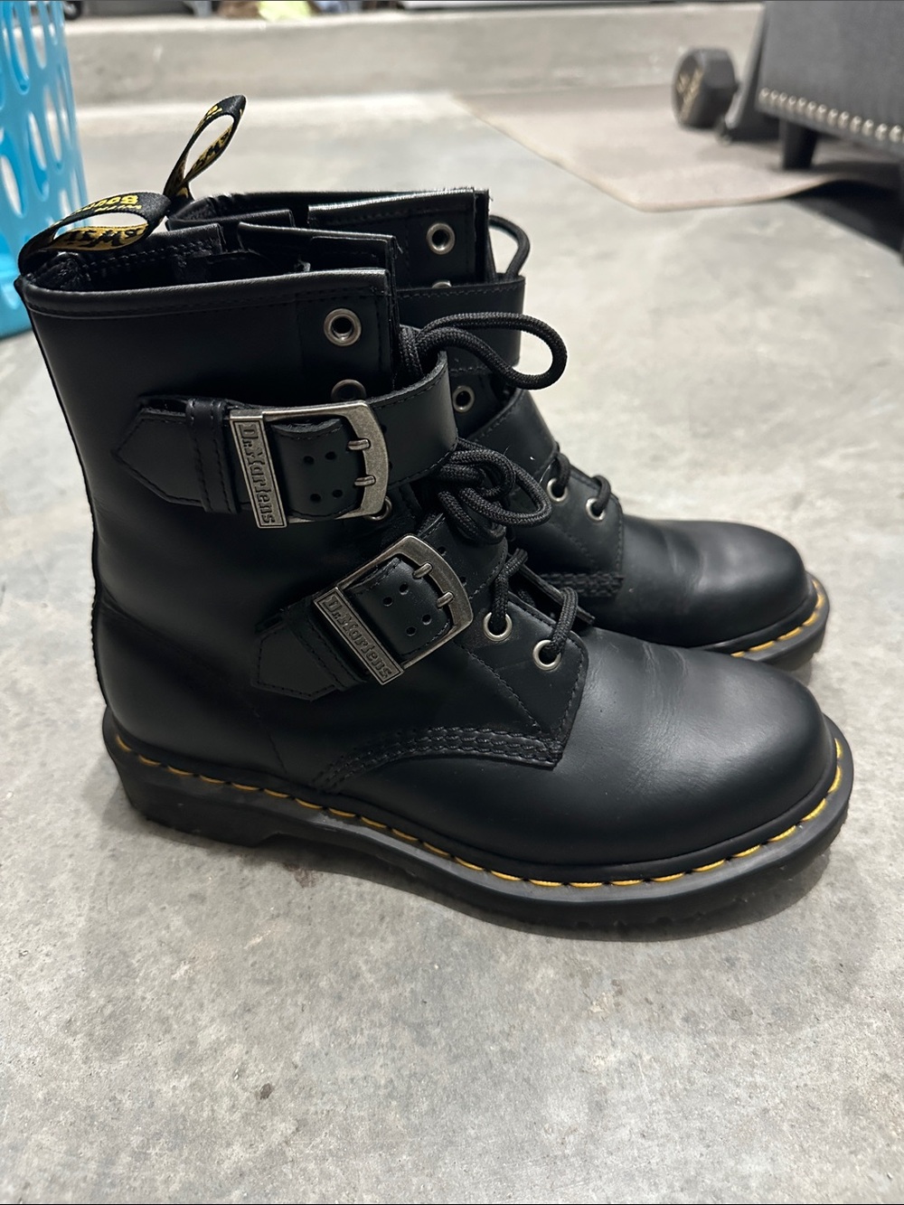 Dr. Martens Black Leather Lace-Up Buckle Combat Boots with Yellow Stitching